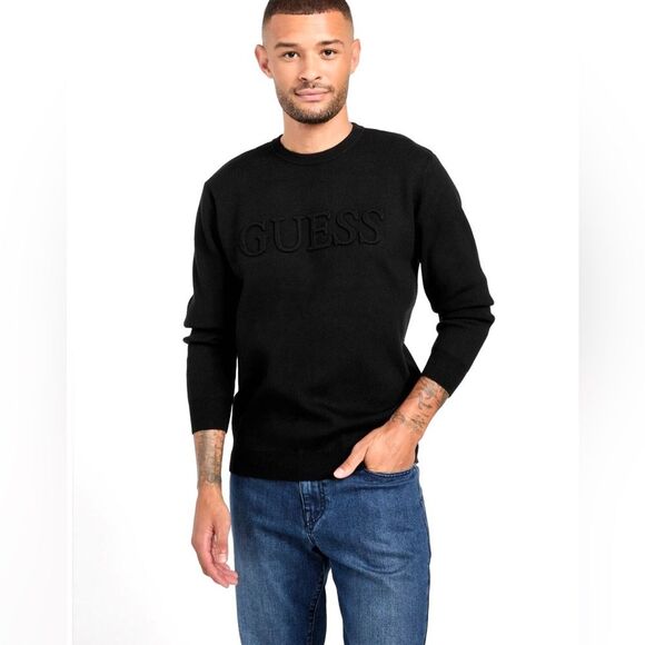 Guess Men’s Astero jet black front logo crewneck sweater size medium NWT - Picture 1 of 12